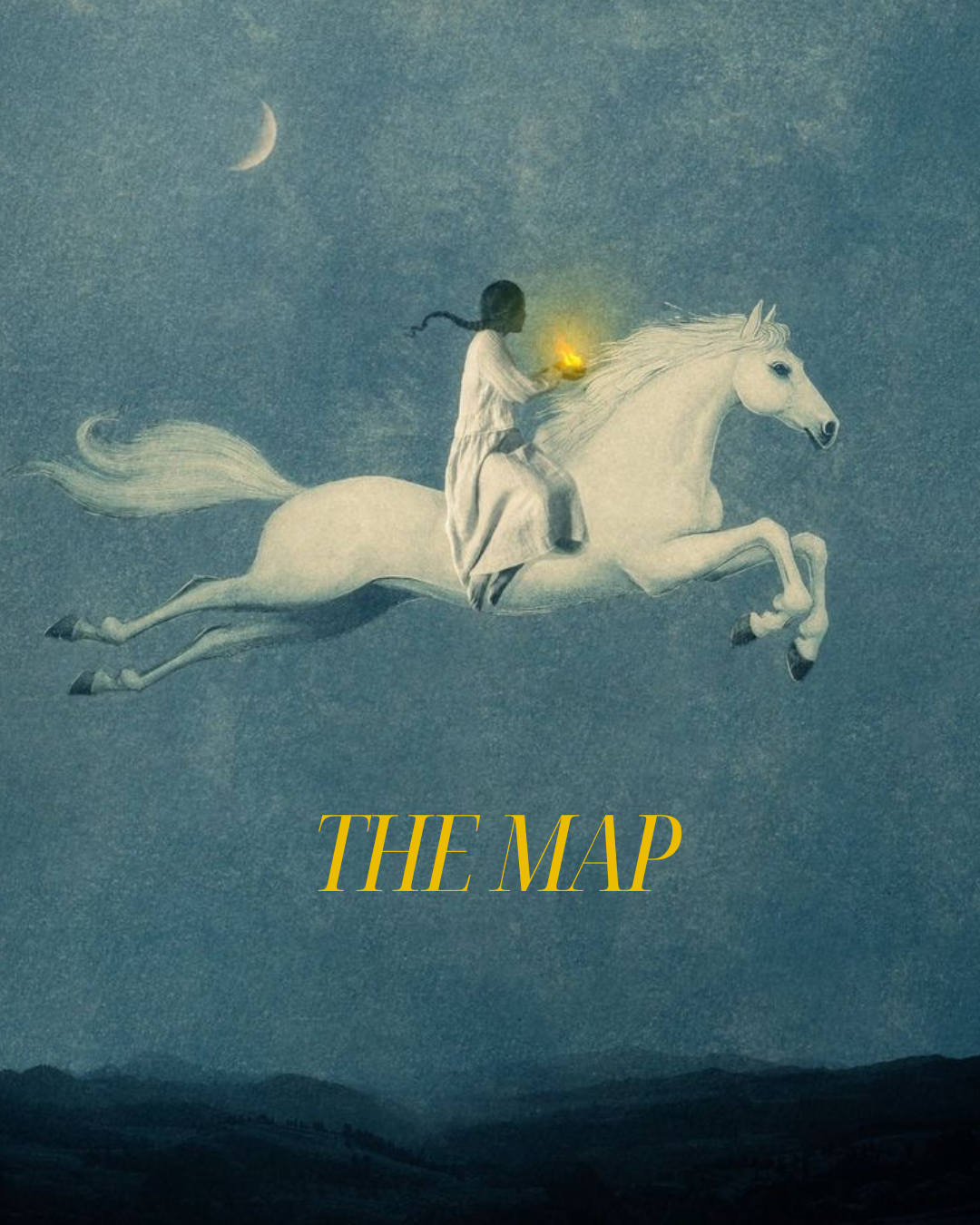 White horse with a rider under a moonlit sky, featuring the text 'THE MAP'.