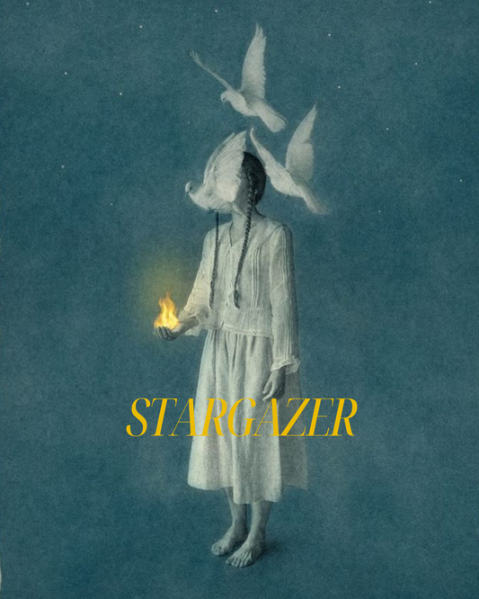Album cover with a person holding a flame and doves against a dark blue background, featuring the word 'STARGAZER'.